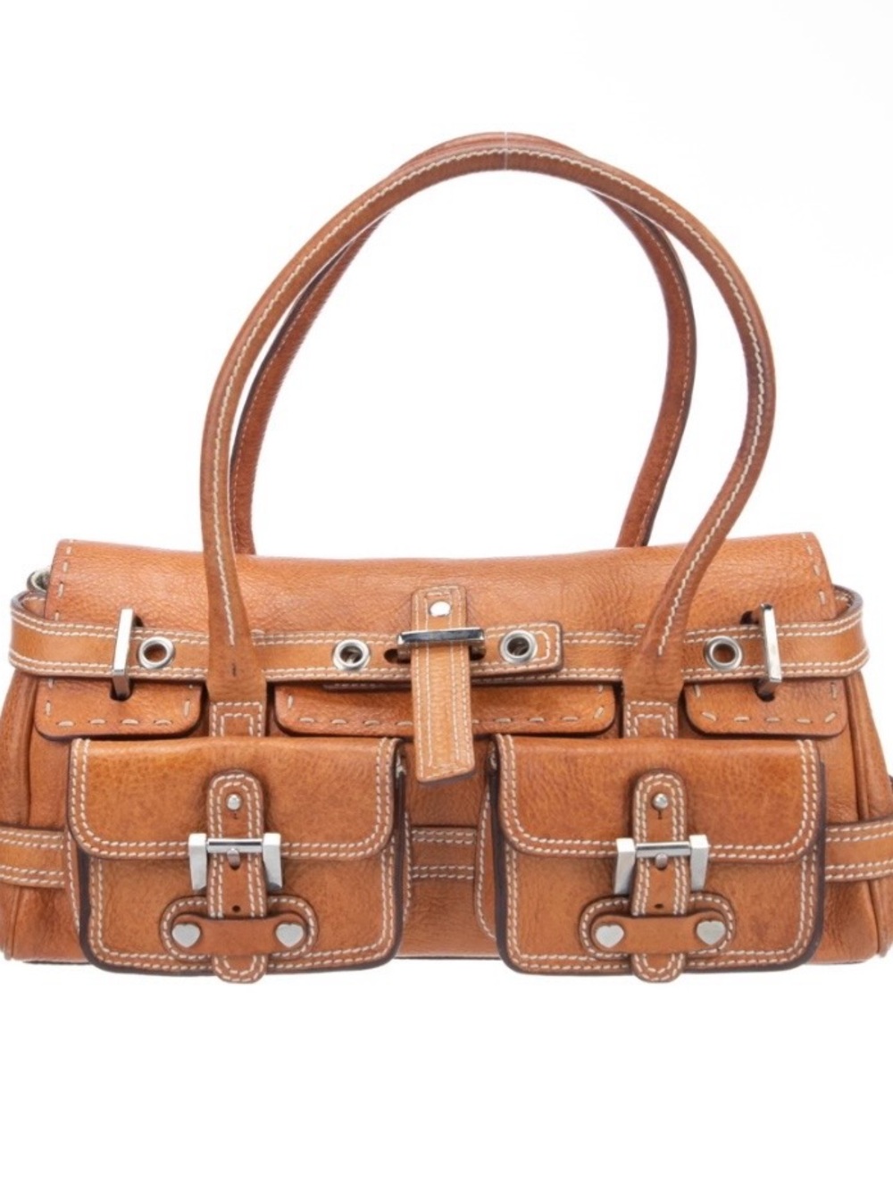Structured Leather Shoulder Bag in Tan with Front Buckle Pockets